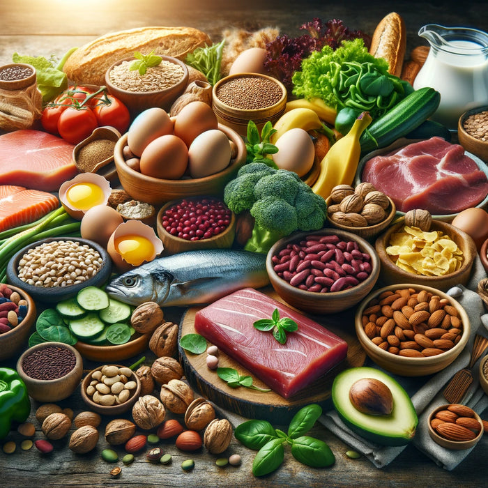  A realistic, ultra-high-definition image showcasing a variety of natural sources of Vitamin B. Include vibrant foods such as whole grains, eggs, lean 