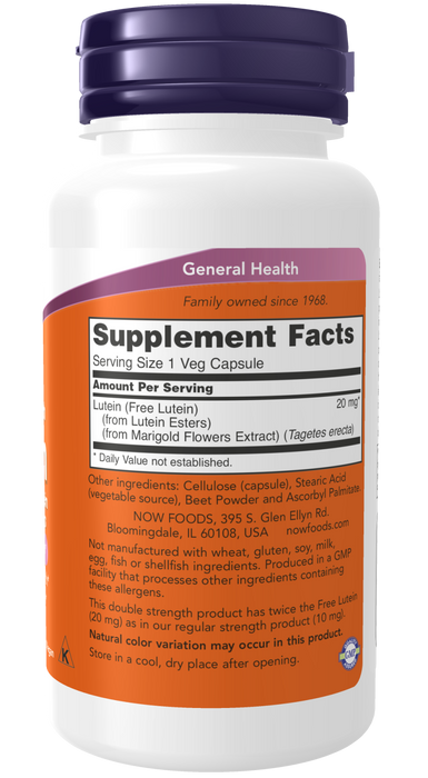 NOW Foods Lutein, 20mg Double Strength - 90 vcaps