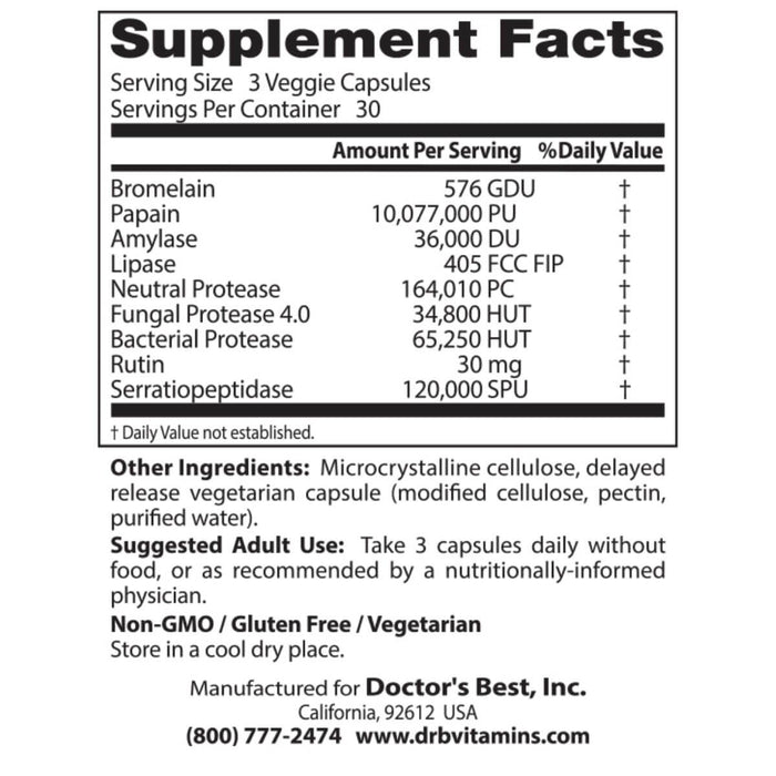 Doctor's Best Proteolytic Enzymes 90 Delayed Release Veggie Capsules - Health and Wellbeing at MySupplementShop by Doctor's Best