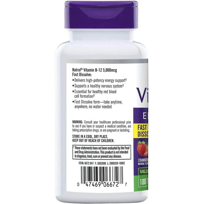 Natrol Vitamin B-12 5,000mcg 100 Strawberry Tablets | Premium Supplements at MYSUPPLEMENTSHOP