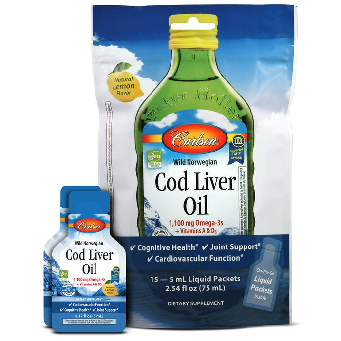 Carlson Labs Wild Norwegian Cod Liver Oil, 1100mg Natural Lemon (Pouch of Packets) - 15 x 5 ml. | High-Quality Fish Oils | MySupplementShop.co.uk